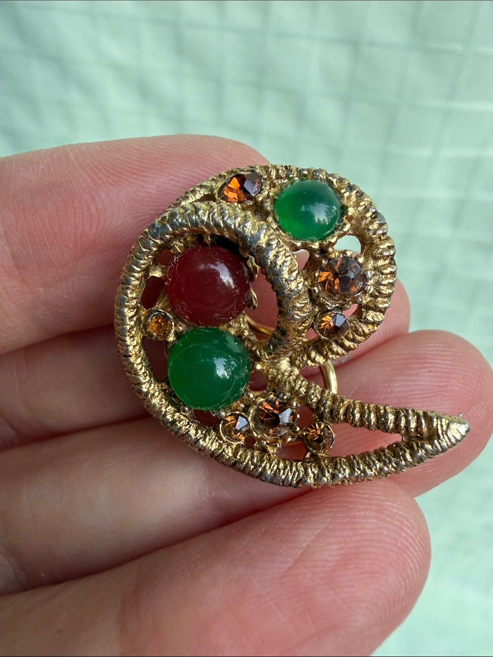 Vintage Gold-Tone Earrings with Green and Red Cabochons